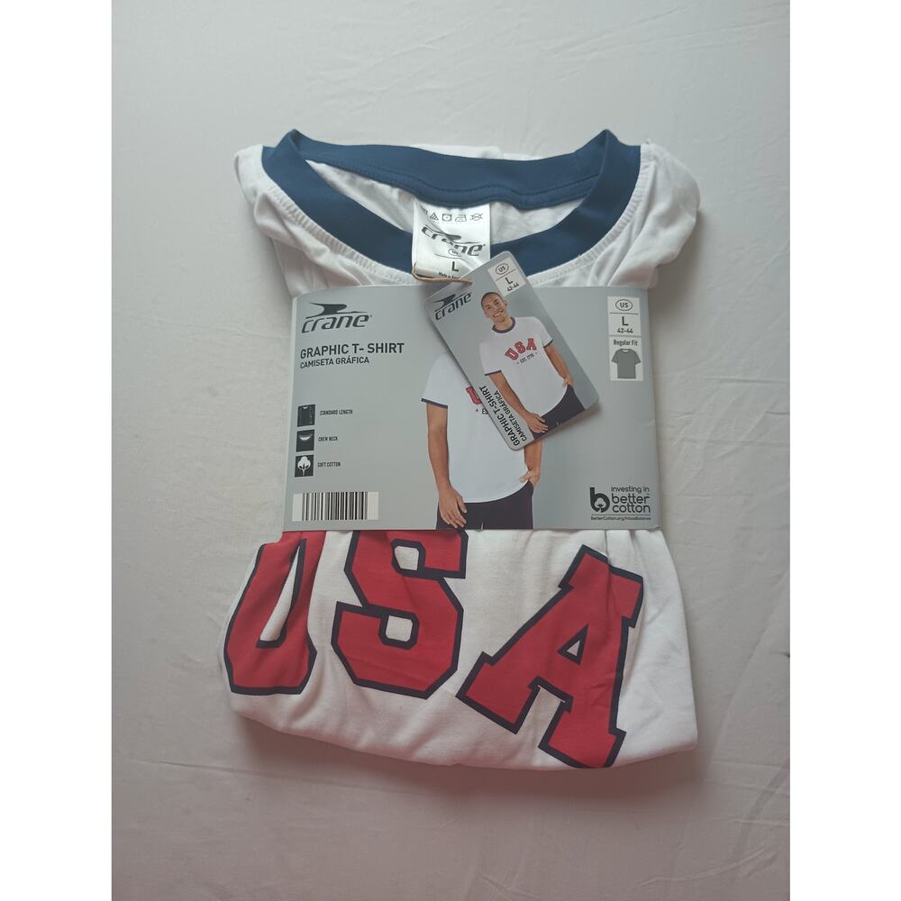 USA Crane NWT White Red Blue Graphic T-shirt Mens Size Large